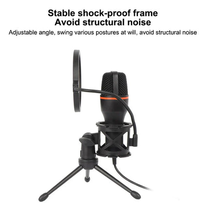 Black condenser rgb professional microphone with orange accent ring on shock-proof tripod for podcast recording studio streaming laptop use