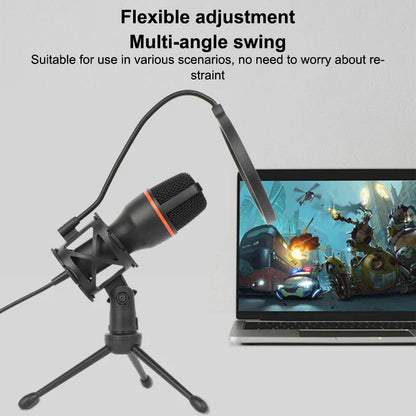 Black rgb professional microphone with orange accent ring on flexible tripod and pop filter for podcast recording studio streaming laptop