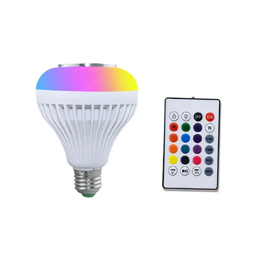 White rgb smart bluetooth led dimmable bulb with silver base rainbow top and remote for colorful stage light and music