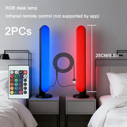 Two sleek 25cm rgb usbled light desk lamps with black bases emitting blue and red hues for backlight remote symphony use