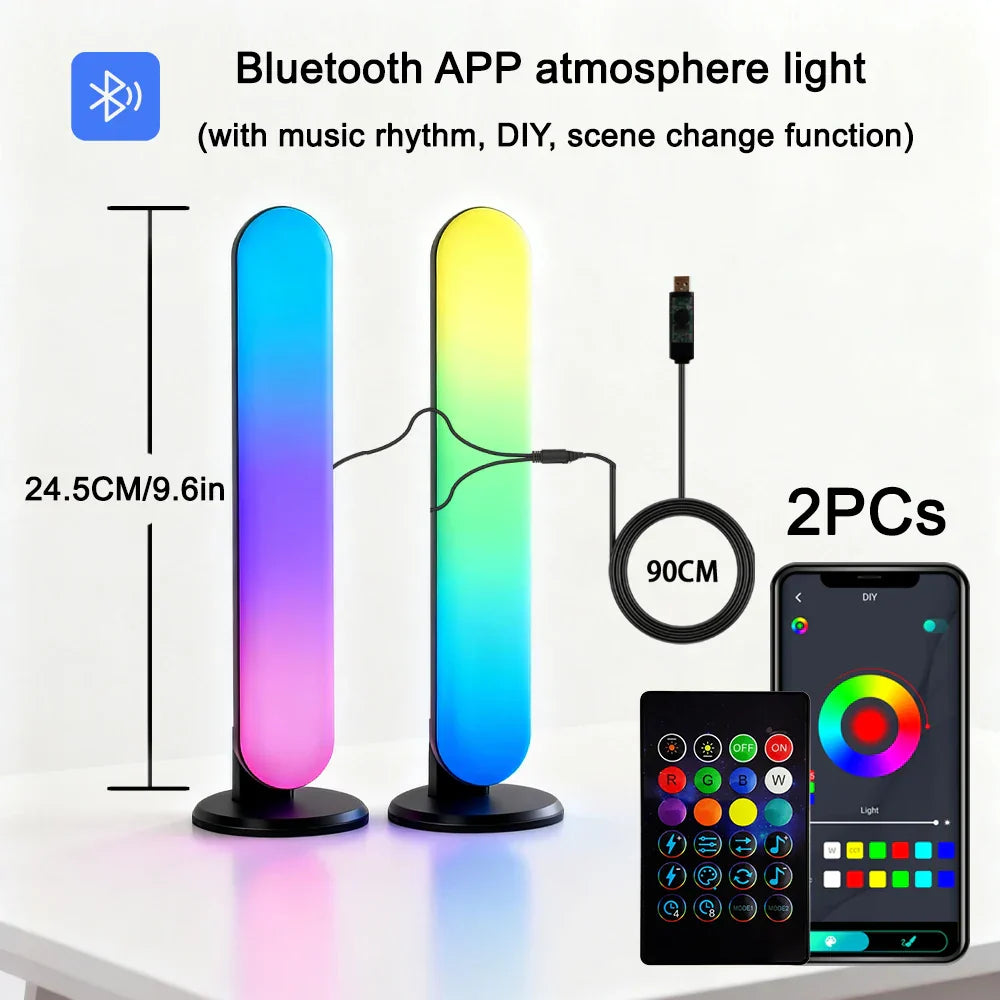 Two sleek vertical rgb usbled light bars with gradient color displays and black bases for strips music rhythm decor