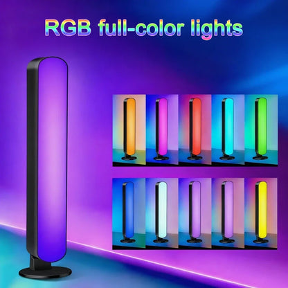 A sleek black cylindrical rgb usbled light with strips music rhythm and backlight remote symphony features for decor