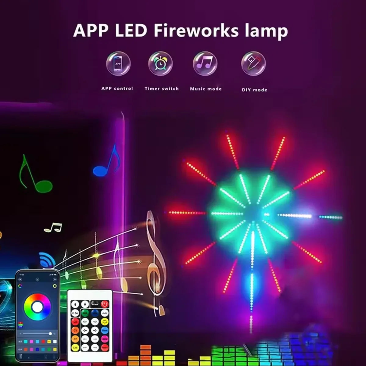A vibrant rgbic firework strip led lamp with bluetooth app control usb 5v changing lights for bedroom decor