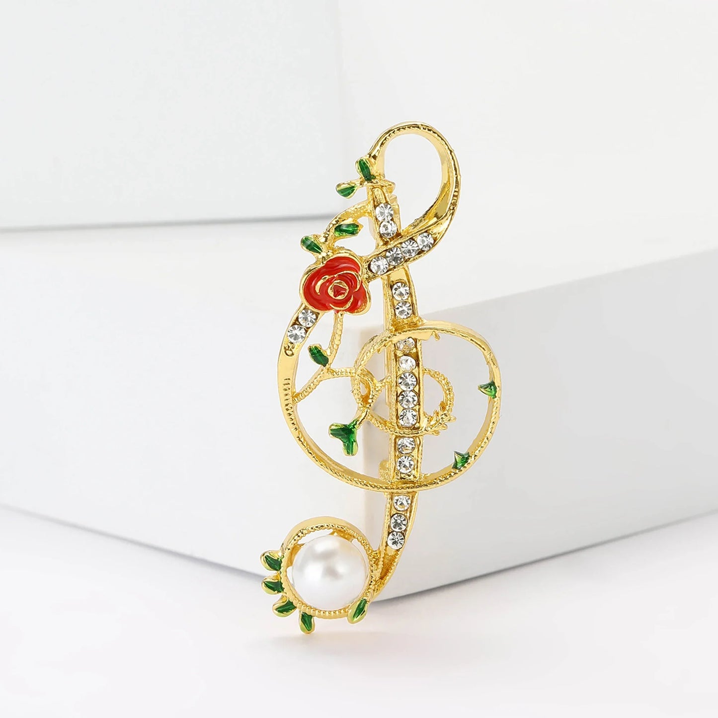 Gold-colored rhinestone butterfly pins musical treble clef brooch with red rose and pearl for event party backpack decoration