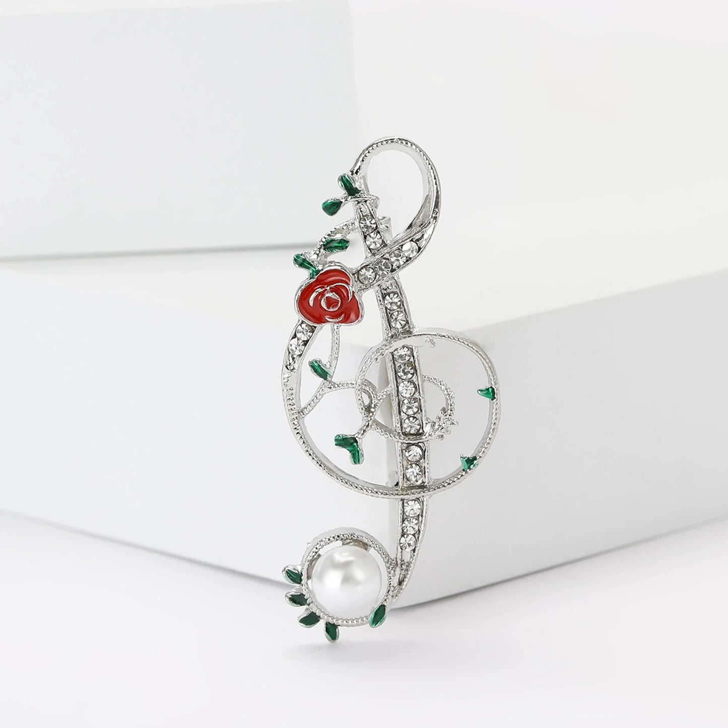 Silver rhinestone butterfly pins musical note brooch with red enamel rose green leaves and pearl for event party backpack