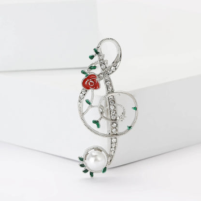 Silver rhinestone butterfly pins musical note brooch with red enamel rose green leaves and pearl for event party backpack