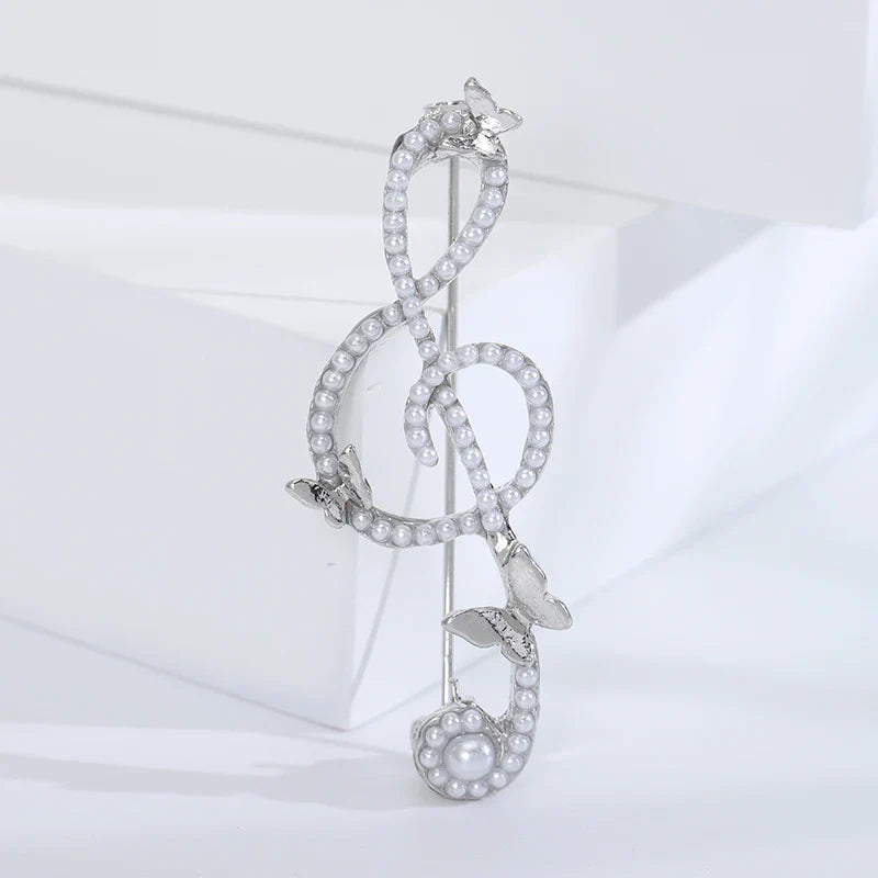 Silver shiny glass musical note brooch with rhinestone butterfly pins and pearls for event party backpack decoration