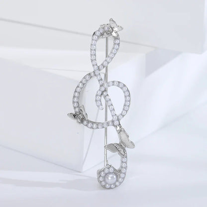 Silver shiny glass musical note brooch with rhinestone butterfly pins and pearls for event party backpack decoration