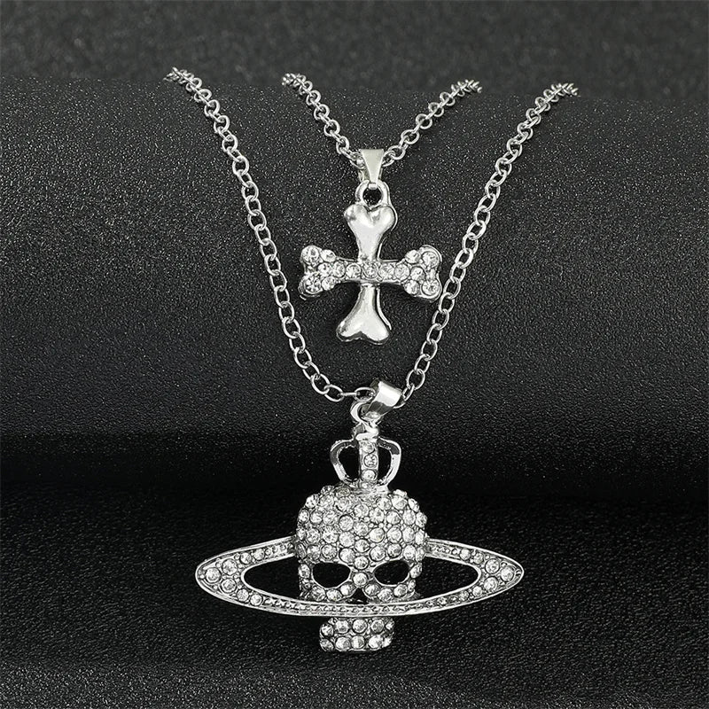 Silver-plated rhinestone skull pendant long cross chain necklace vintage punk goth style for women and men