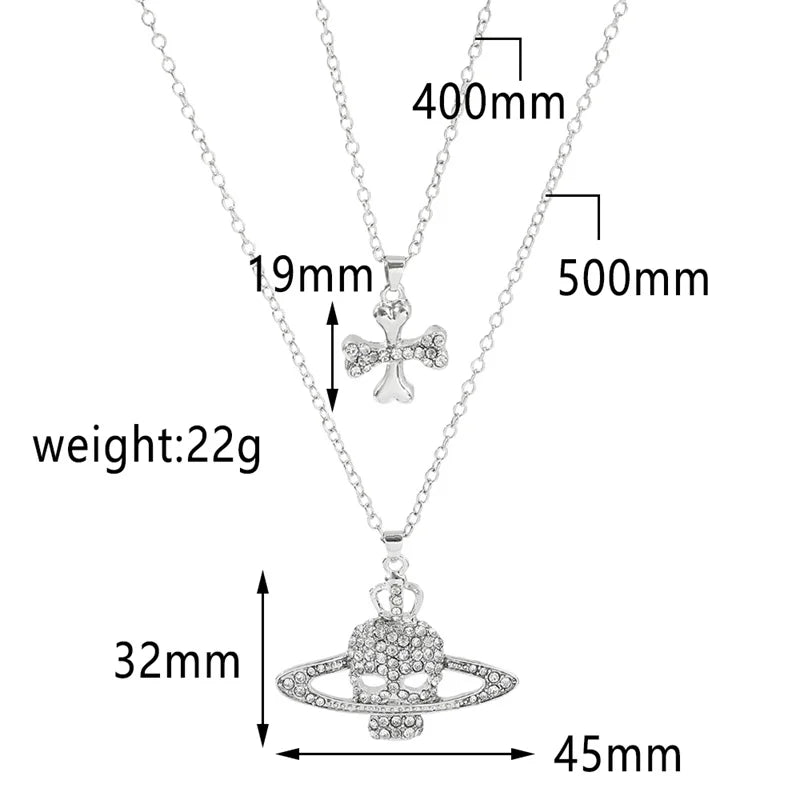 Silver-plated rhinestone skull pendant chain necklace vintage punk goth style with rings and cross adorned with crystals