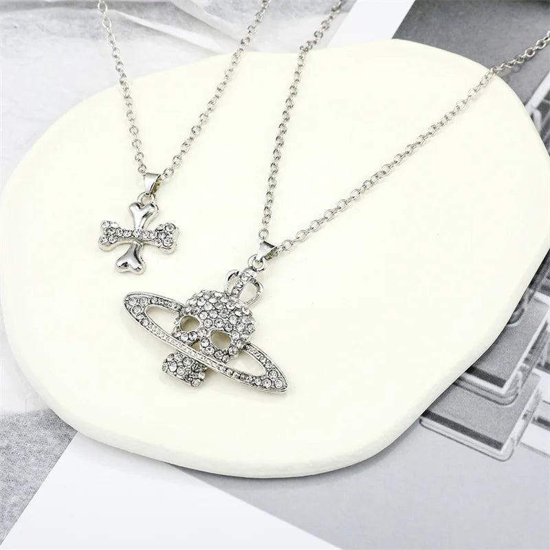Silver-plated chain necklace vintage with rhinestone skull pendant and cross charm in punk goth style for women and men