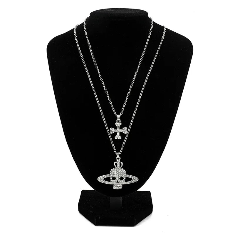 Silver rhinestone skull pendant chain necklace vintage punk goth style with planet ring and cross charm for women men