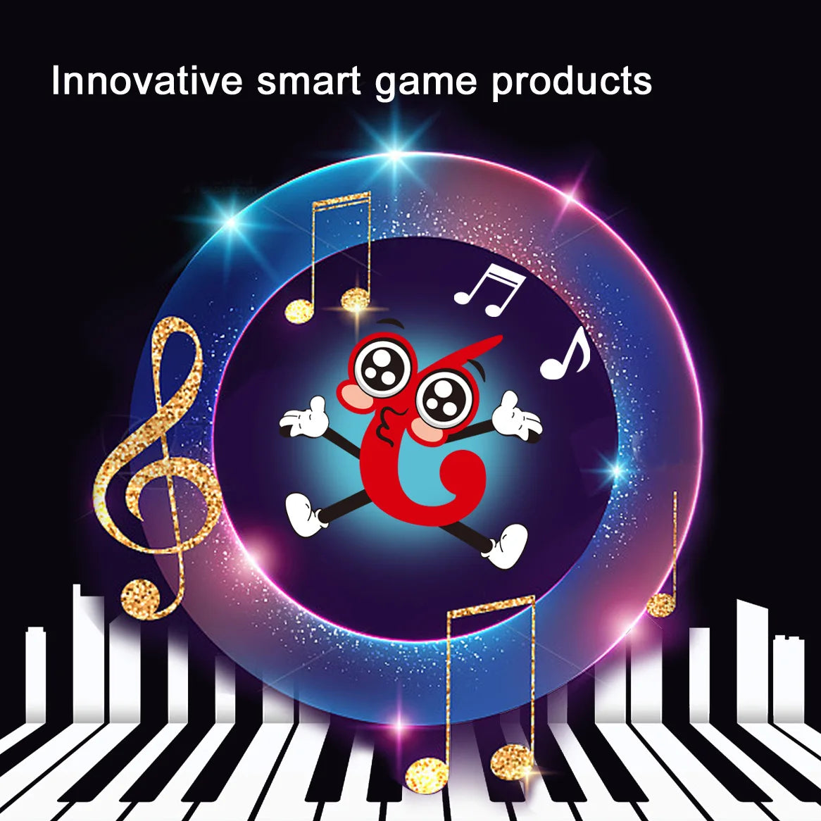 A red cartoon character with black limbs and white shoes wearing musical note glasses in keyboard rhythm master game console portable puzzle