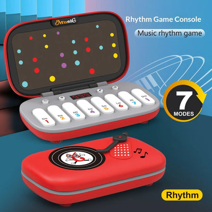 Rhythm master music game console in red and gray with colorful dot display and white piano style pocket piano keys