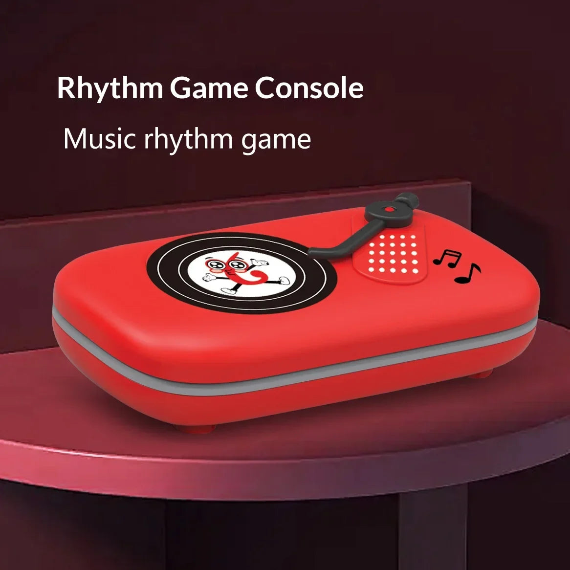 Red plastic rhythm master music game console shaped like vintage record player with black and white vinyl design