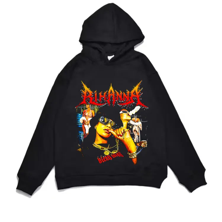 Black loose hoodie men featuring vibrant rihanna rap rated hard album print with fiery red and orange lettering
