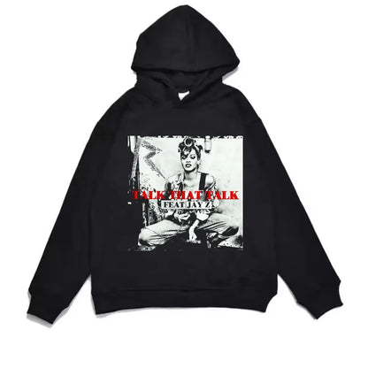 Black loose hoodie men and women featuring a hard album print of rihanna rap rated with red text on the chest