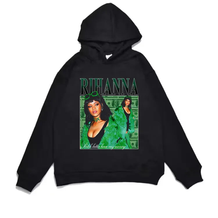 Black hoodie with vibrant green rihanna rap rated hard album print and text loose hoodie men hip-hop style long sleeves
