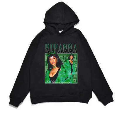 Black hoodie with vibrant green rihanna rap rated hard album print and text loose hoodie men hip-hop style long sleeves