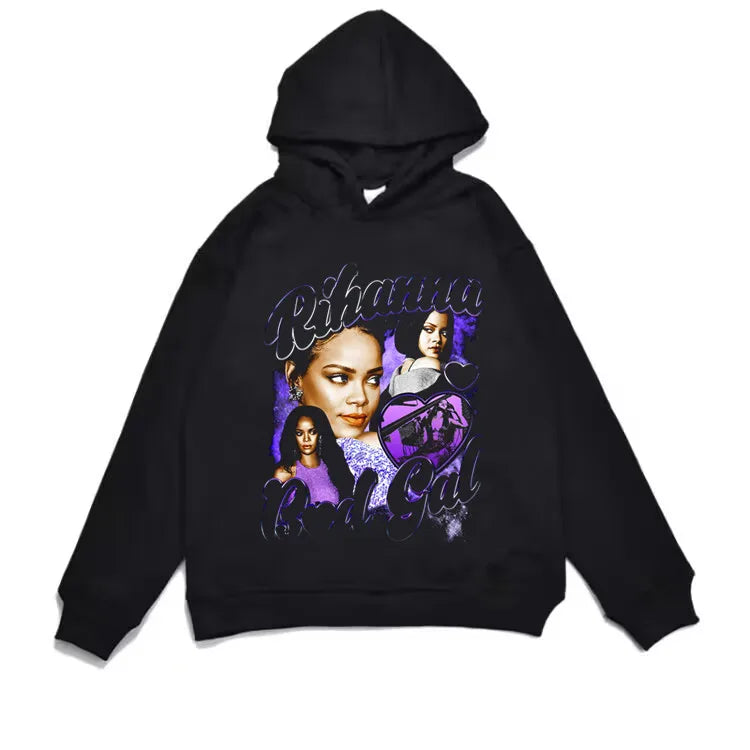 Black loose hoodie men featuring vibrant purple and silver rihanna rap rated hard album print graphic for hip-hop wear