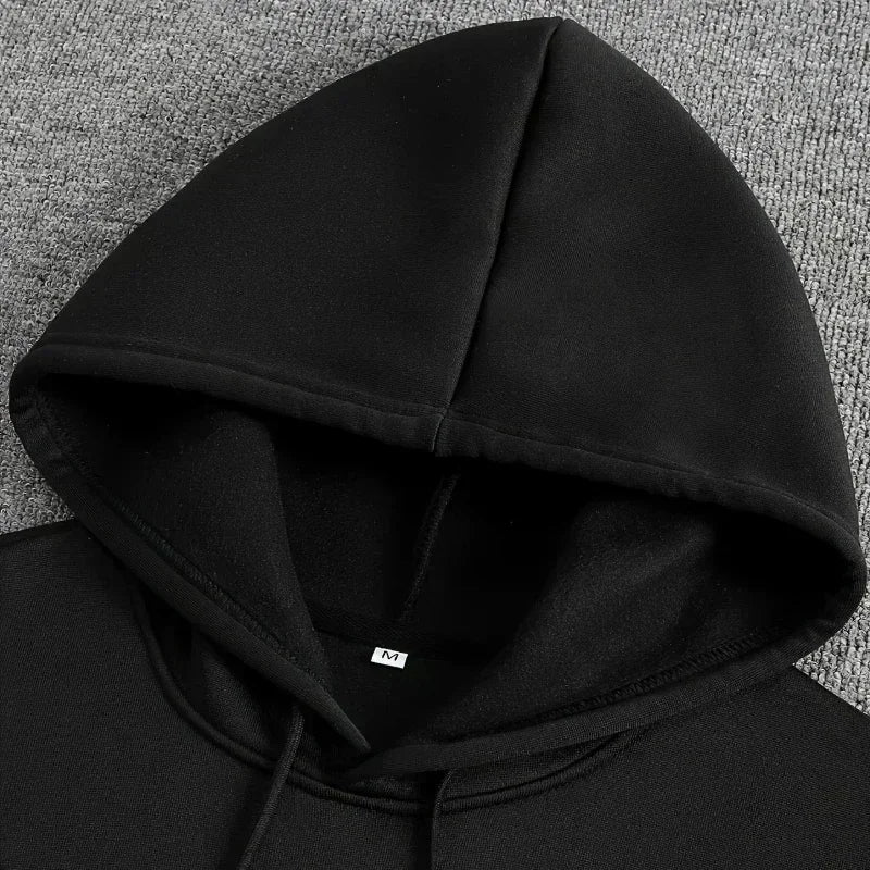 Black hooded sweatshirt with fleece-lined interior and matching drawstrings featuring rihanna rap rated hard album print, loose hoodie men