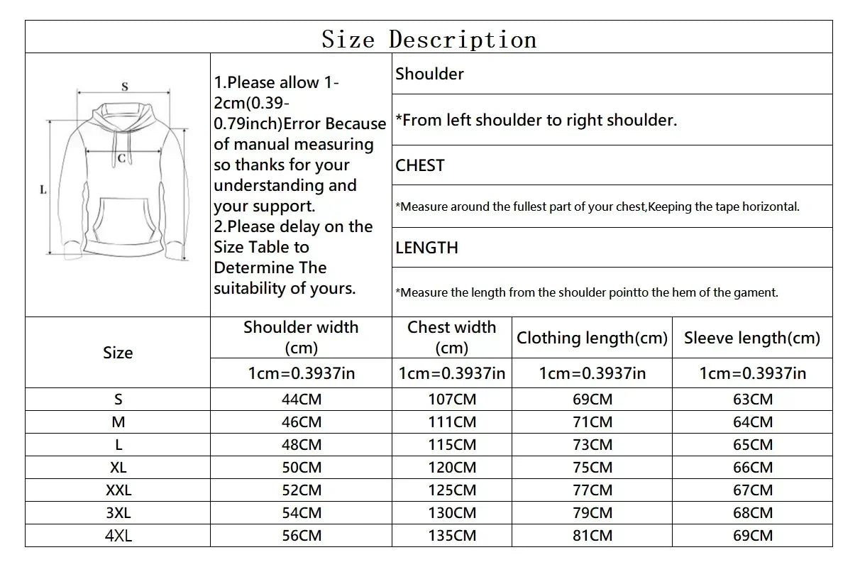 Size chart for Rihanna rap rated hard album print loose hoodie men and women hip-hop long sleeves in cm and inches
