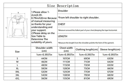 Size chart for Rihanna rap rated hard album print loose hoodie men and women hip-hop long sleeves in cm and inches