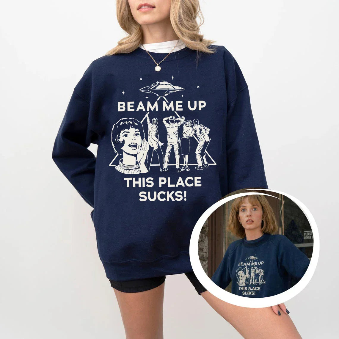 Navy blue oversized robin beam me up this place sucks sweatshirt woman man funny quote long sleeve o neck hoodie