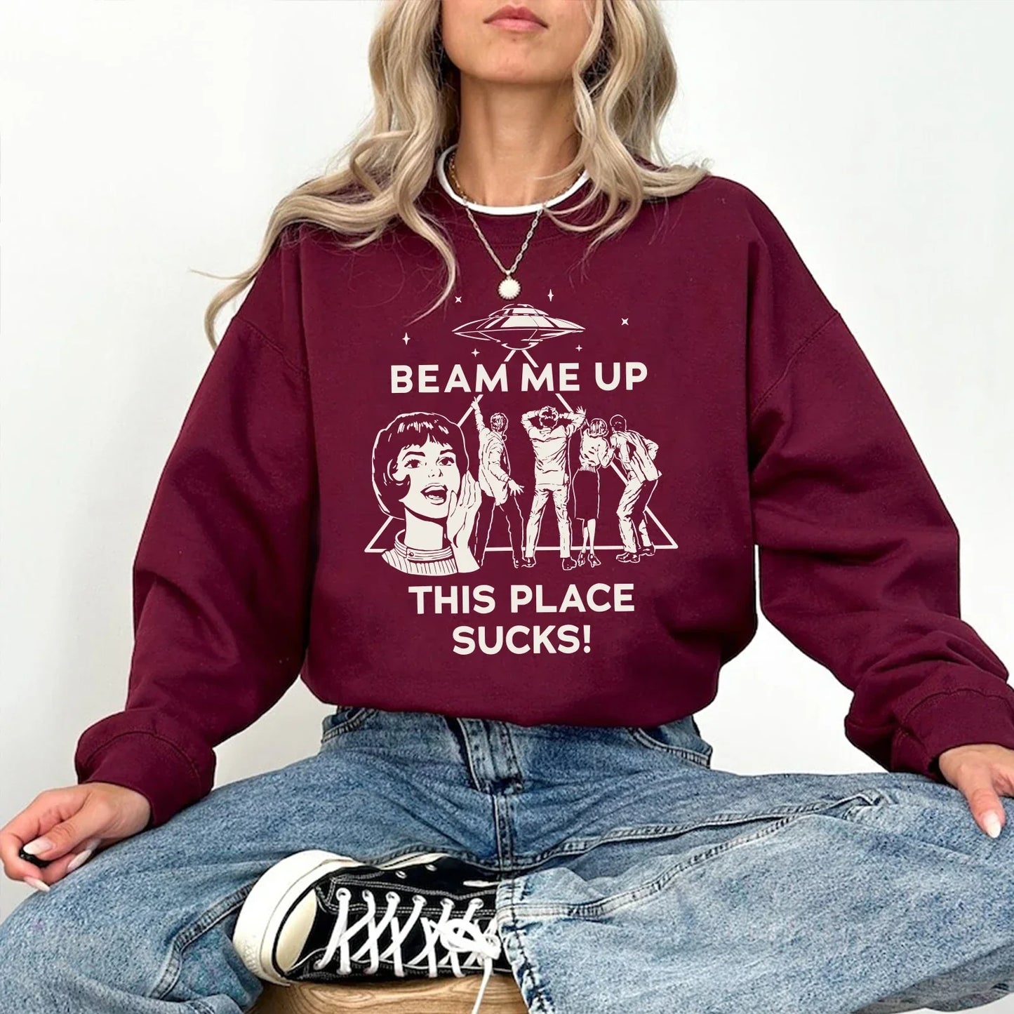 Maroon long-sleeved robin place sucks sweatshirt woman man funny quote with alien abduction graphic print