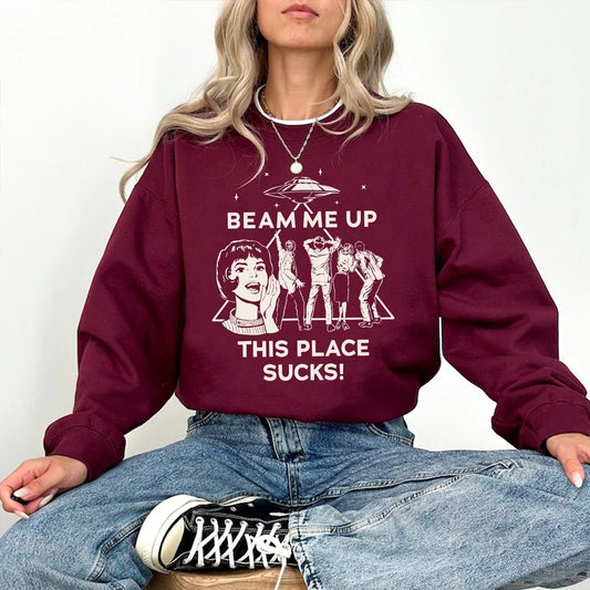 Maroon long-sleeved robin place sucks sweatshirt woman man funny quote with alien abduction graphic print