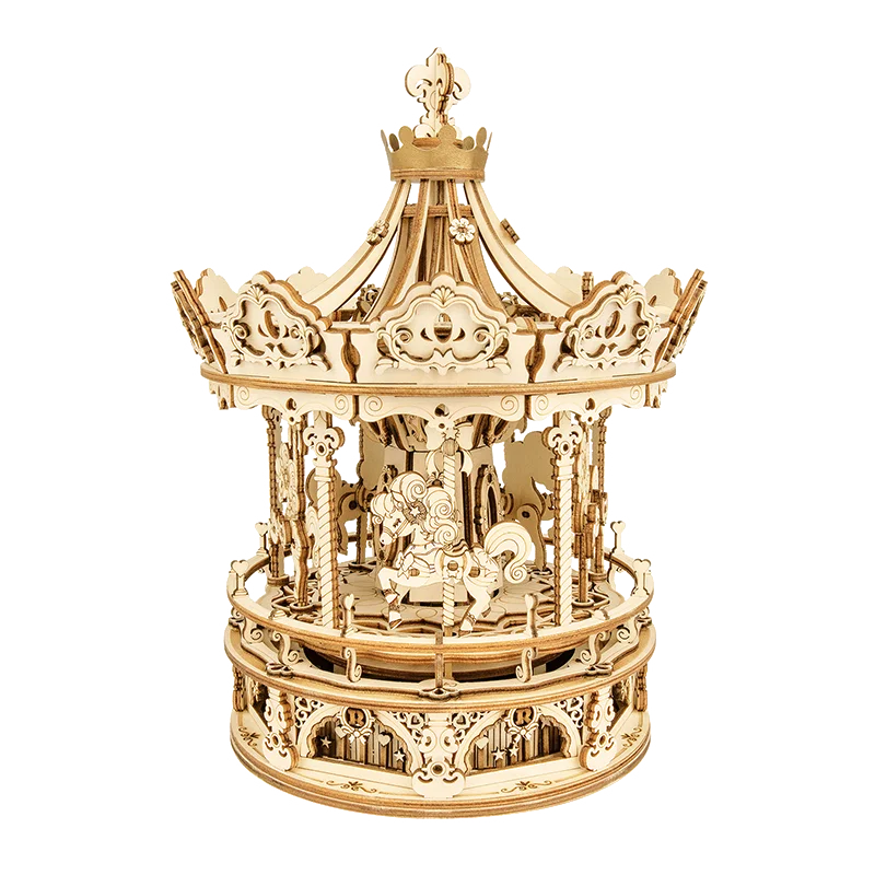 A robotime diy handmade amk62 romantic carousel music box featuring a 3d wooden puzzle with intricate cut-out patterns and miniature horses