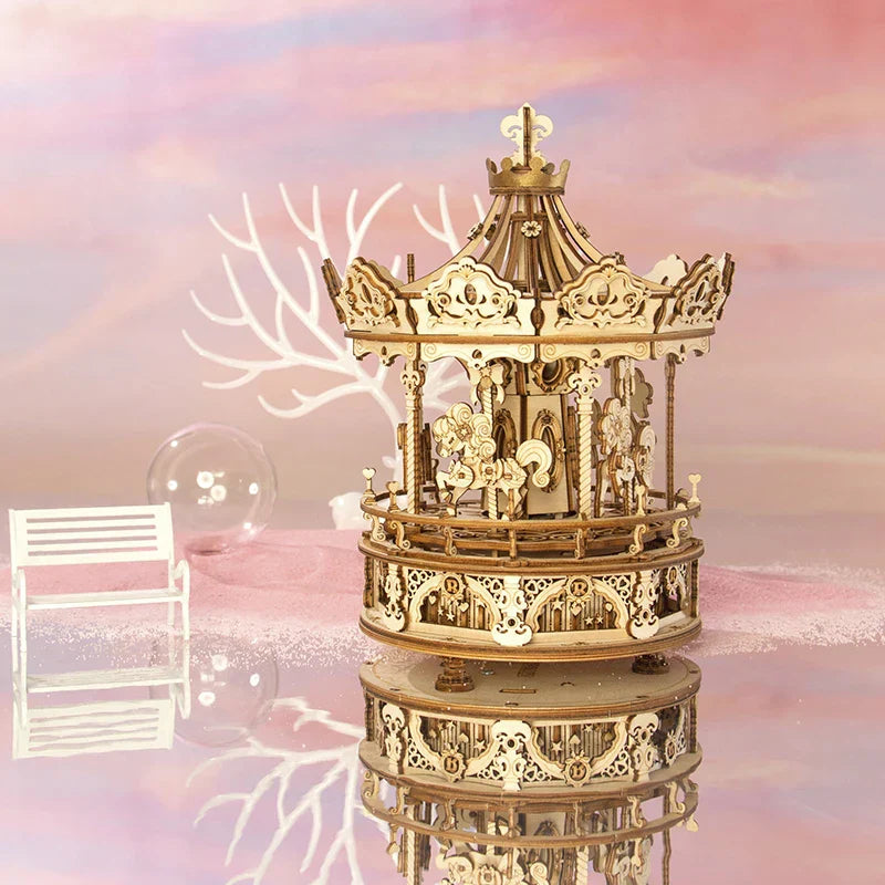 Robotime diy handmade amk62 romantic carousel 3d wooden puzzles with intricate cut-out patterns and golden crown