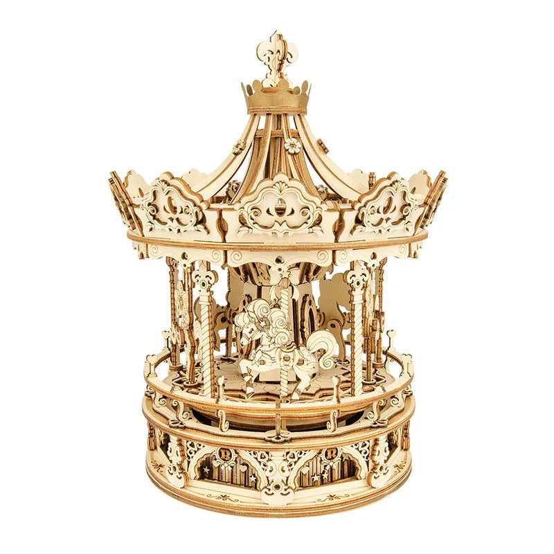 Robotime diy handmade amk62 romantic carousel music box model featuring intricate cut-out patterns in golden-brown wood