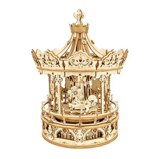 Robotime diy handmade amk62 romantic carousel music box model featuring intricate cut-out patterns in golden-brown wood