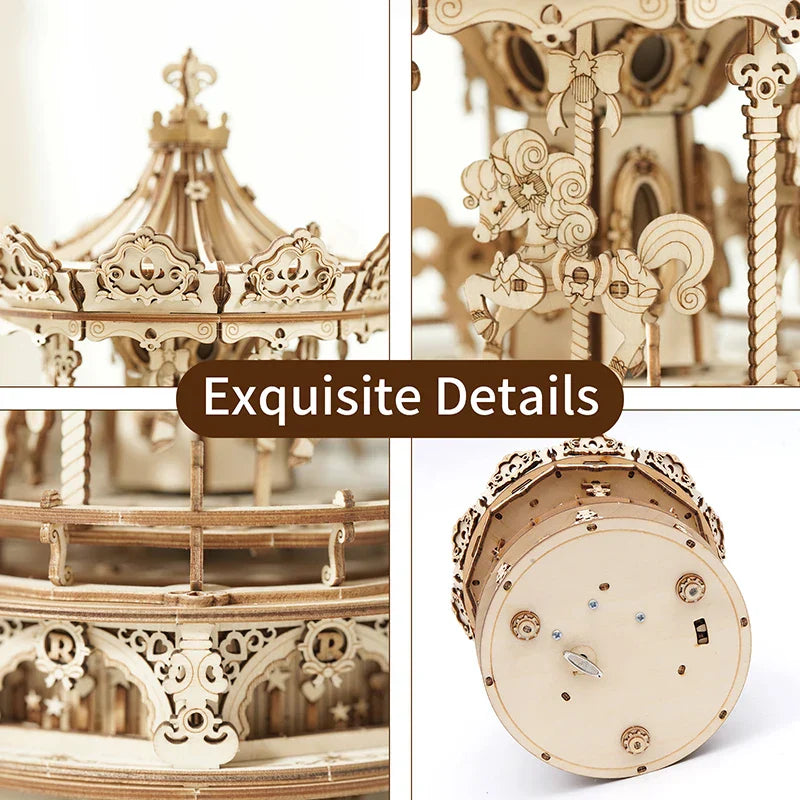 A delicately crafted light beige wooden robotime diy handmade amk62 romantic carousel music box with ornate carved horses