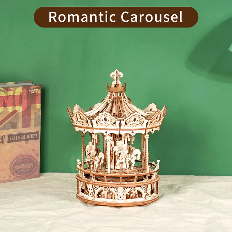 Robotime diy handmade amk62 romantic carousel music box 3d wooden puzzle with intricate cut-out patterns and miniature figures