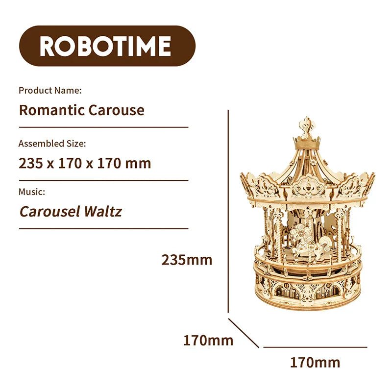 Golden wooden amk62 romantic carousel by robotime diy handmade featuring intricate cut-out details and crown topper