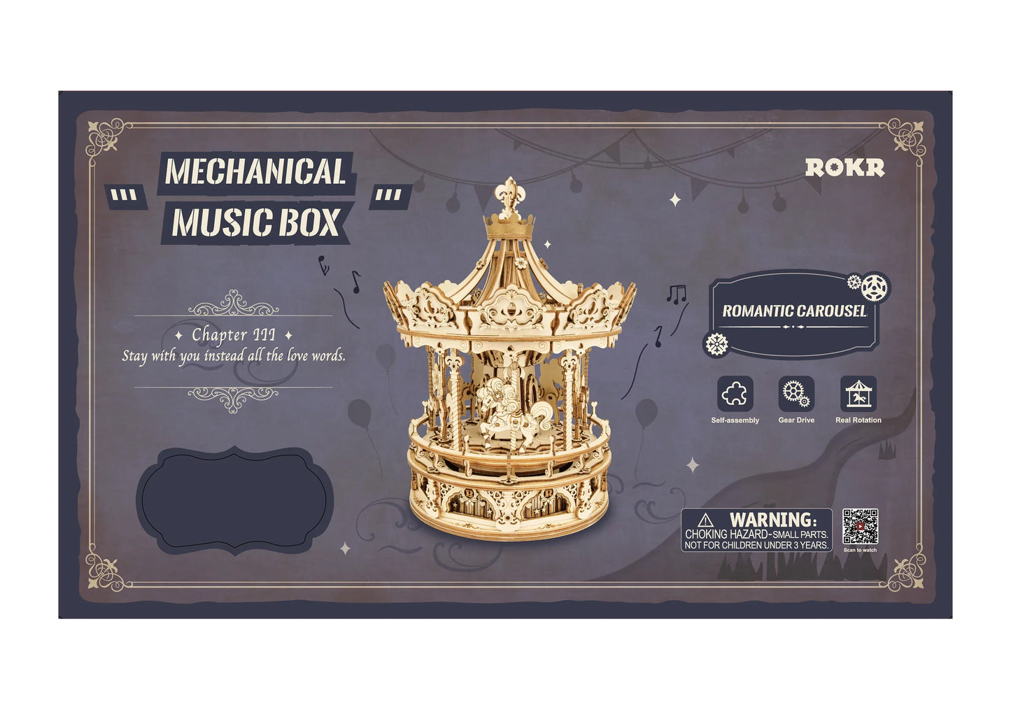 Golden wooden amk62 romantic carousel music box with intricate detailing by Robotime diy handmade 3D puzzle