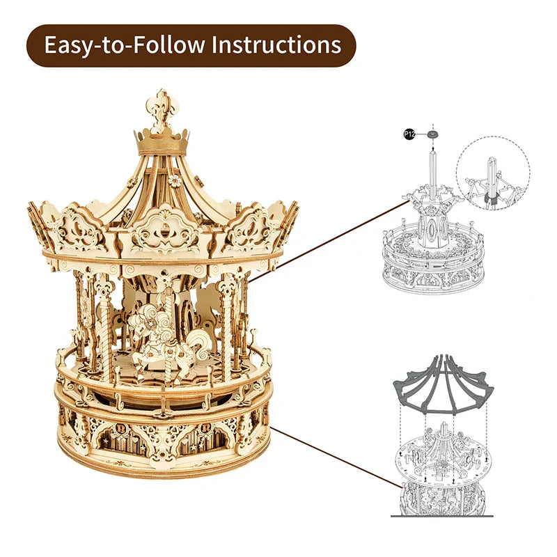 Golden wooden robotime diy handmade amk62 romantic carousel model with intricate cut-out details and crown rooftop