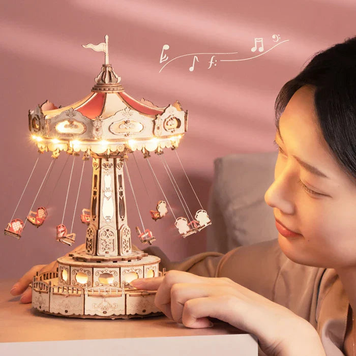 Robotime diy handmade wooden carousel lamp with warm lights and red cream accents assembled toys music kit 3d wooden