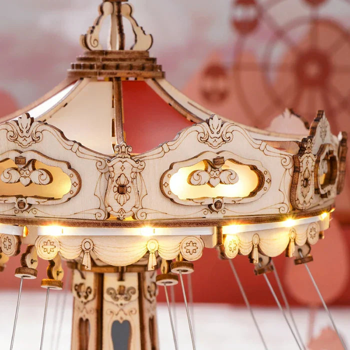 Robotime diy handmade wooden carousel music box kit 3d wooden assembled toys with intricate carvings and warm lights