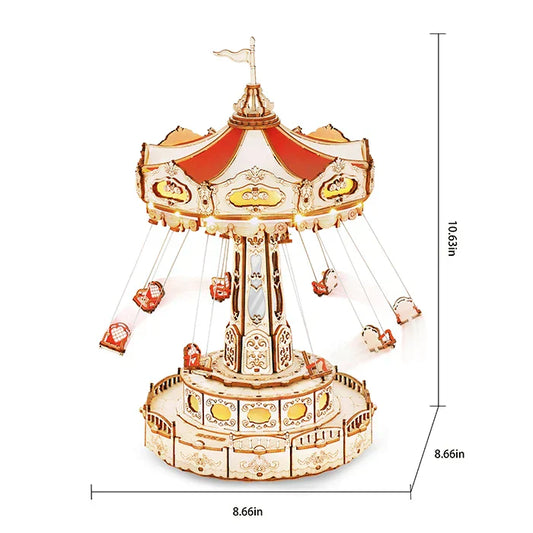 Robotime diy handmade assembled toys music box featuring detailed wooden carousel model with red white canopy and gold accents