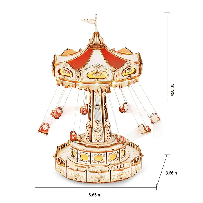 Detailed robotime diy handmade assembled toys music box with red and white canopy gold accents and miniature horse riders