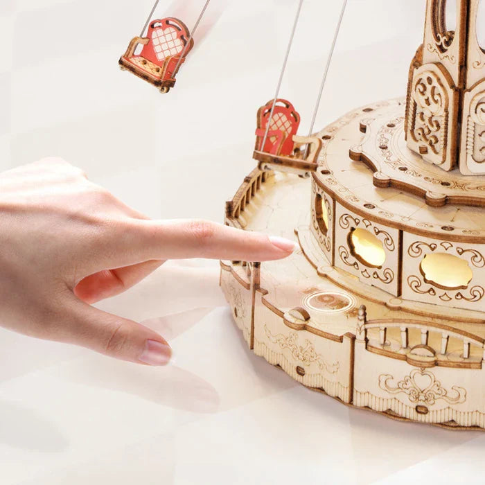 Robotime diy handmade assembled toys music box featuring a red and gold carved wooden carousel 3d wooden kit model