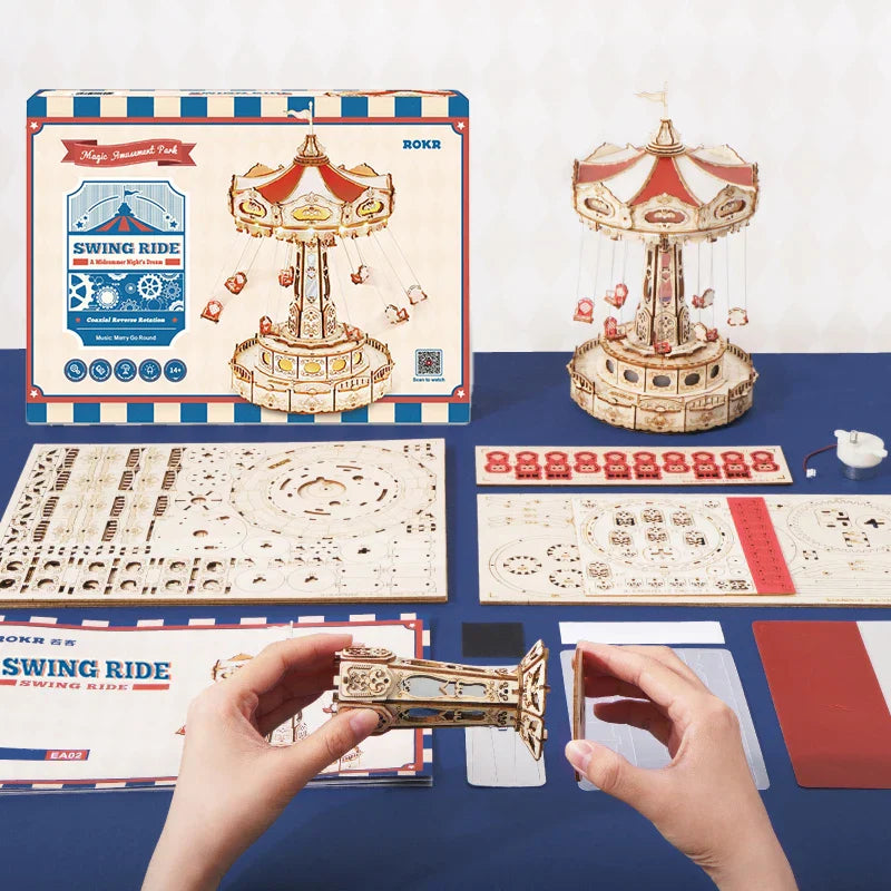 Robotime diy handmade assembled toys music box kit 3d wooden carousel model with red and cream laser-cut details