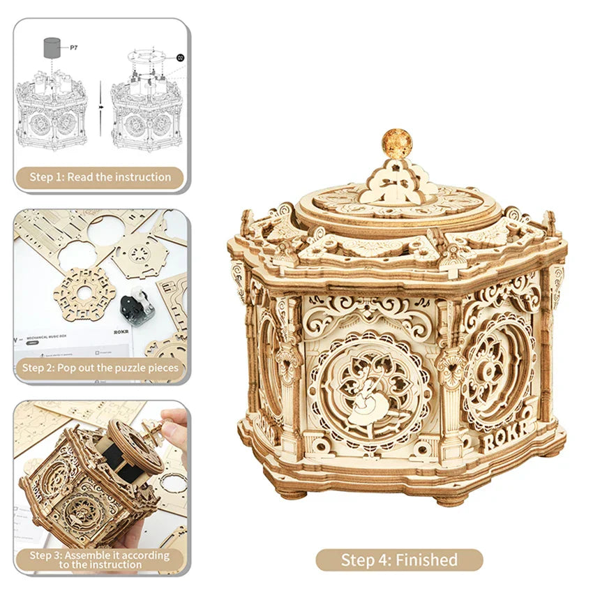 Finished wooden Robotime Rokr assemble toys music box with intricate carvings and golden knob in secret garden 3D wooden style