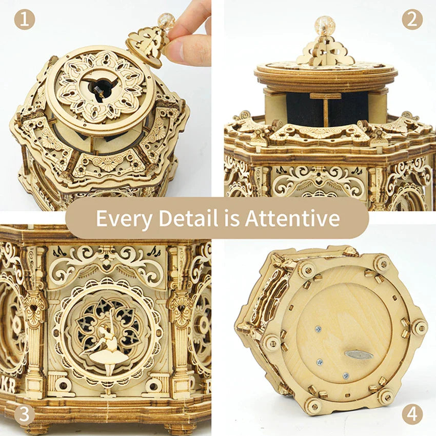 Intricately carved golden wooden music box with floral ballet designs and glass sphere lid from robotime rokr assemble garden 3d wooden puzzle secret garden series