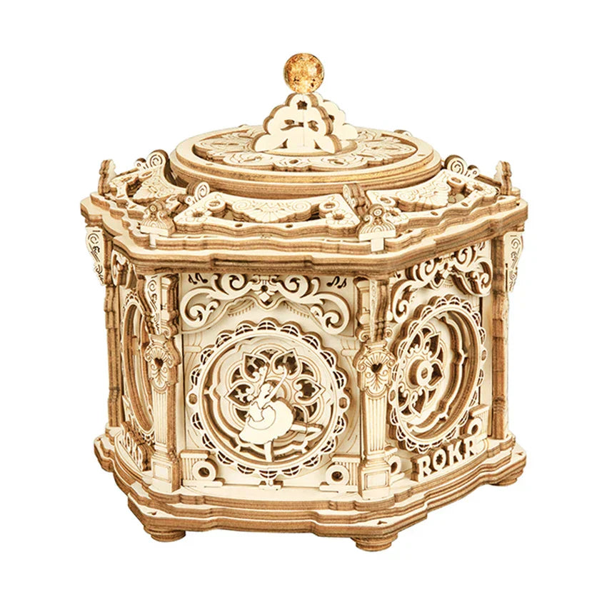 Intricately carved light wood-colored robotime rokr assemble secret garden music box with ornate scrollwork and golden sphere