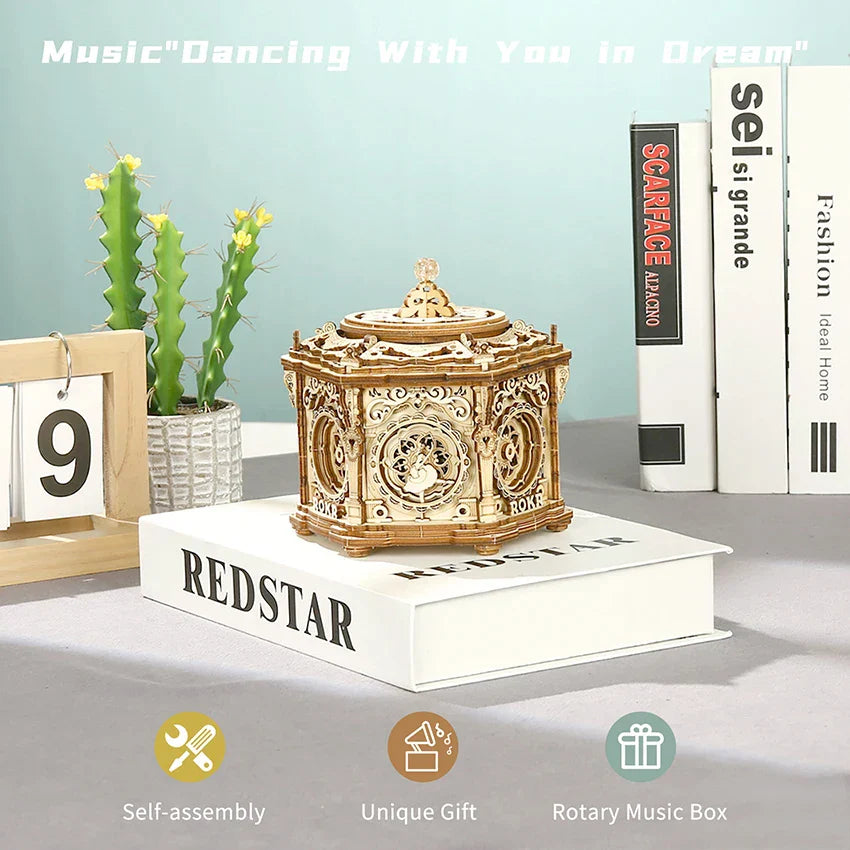 Robotime rokr assemble secret garden golden wooden rotary music box with ornate cut-out patterns on white book