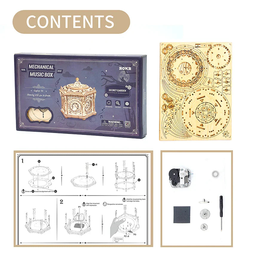 Robotime rokr assemble secret garden garden 3d wooden mechanical music box with ornate cut-out patterns and golden accents